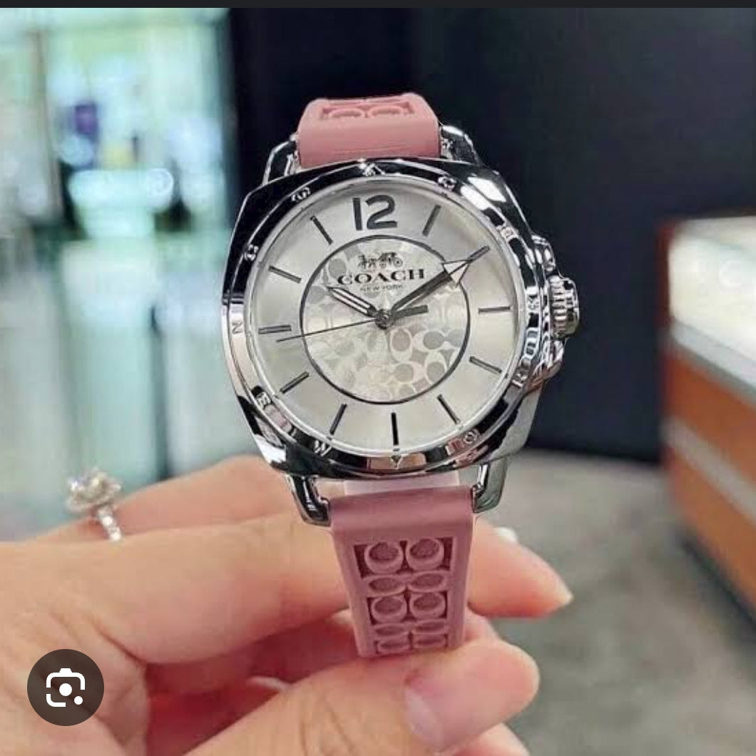 Coach 14503876 Watch – Silver Dial with Pink Silicone Strap